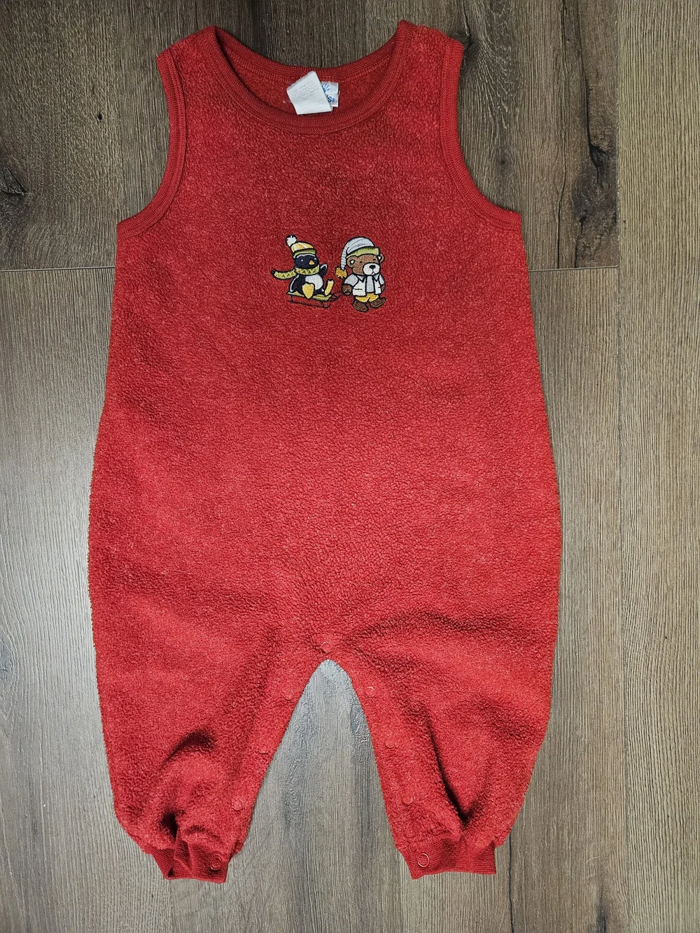 Vintage Carter's Red Terry Sleeveless One-Piece with Penguin & Bear Embroidery